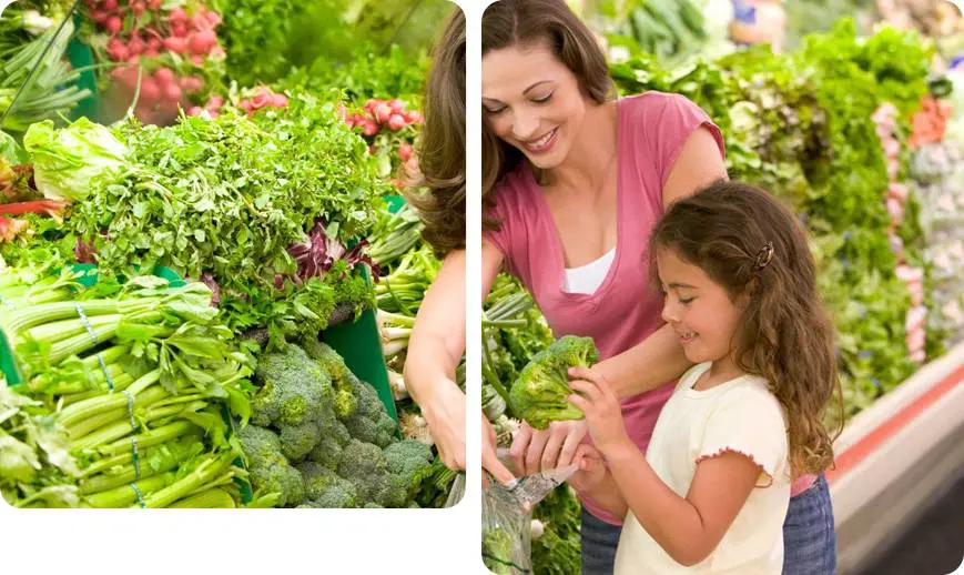 Mom Purchasing Vegetables with Her Child